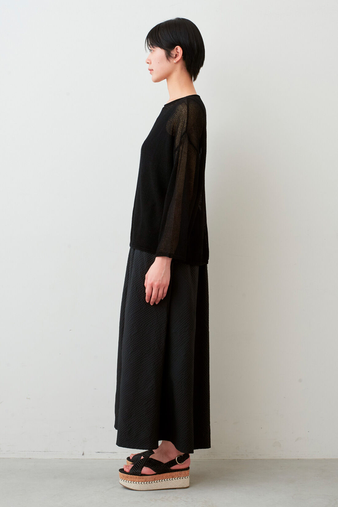 IEDIT|IEDIT[イディット]　福田麻琴さんコラボ シアーかのこニットトップス〈ブラック〉|モデル身長：163cm　着用サイズ：M