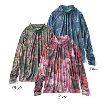 ヨーロッパプリントが華やかに映える カットソー素材 総柄 ハイネックトップスの会
