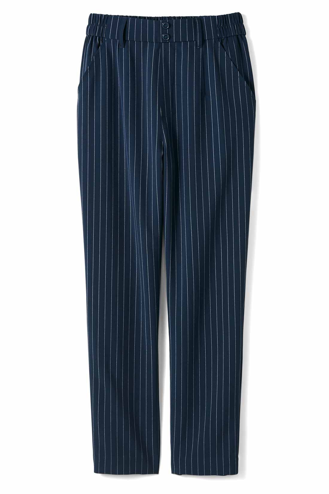 IEDIT［イディット］|IEDIT[イディット]　UVカット・接触冷感・撥水（はっすい）加工がうれしい エアノビ涼やかきれい見えテーパードパンツ〈ネイビーストライプ〉|〈ネイビーストライプ〉