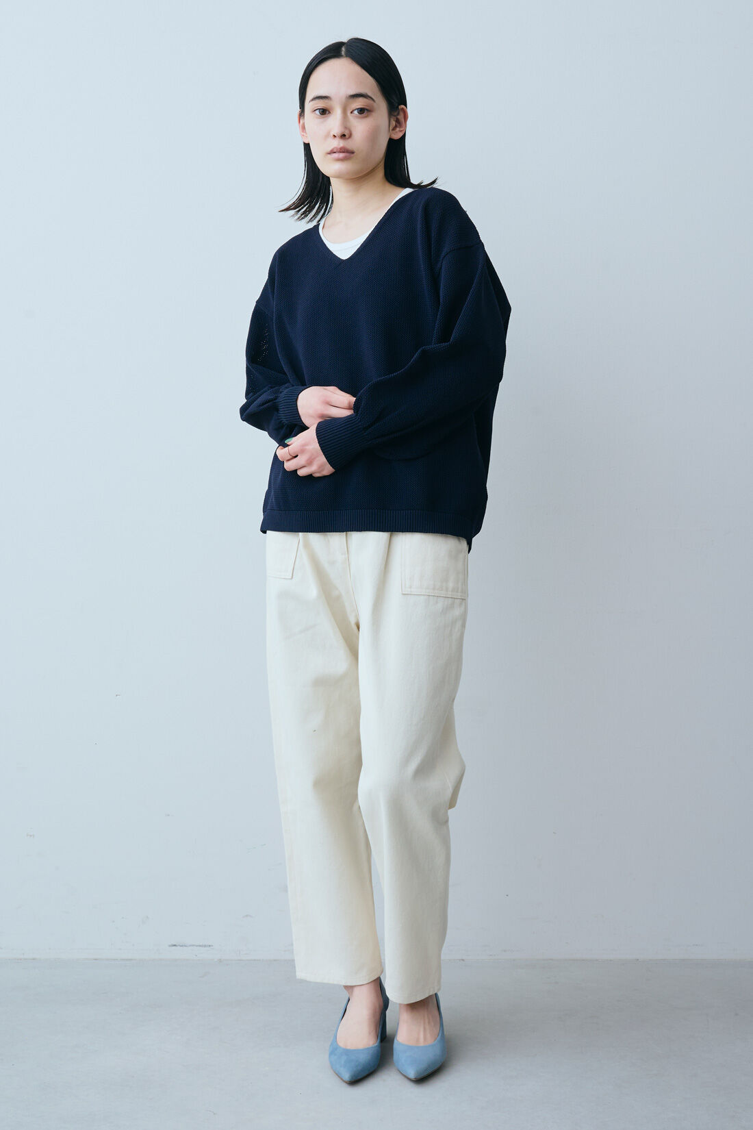 IEDIT|IEDIT[イディット]　きくちあつこさんコラボ 花粉リリースがうれしい ホワイトデニムパンツ〈オフホワイト〉|モデル身長：167cm　着用サイズ：M