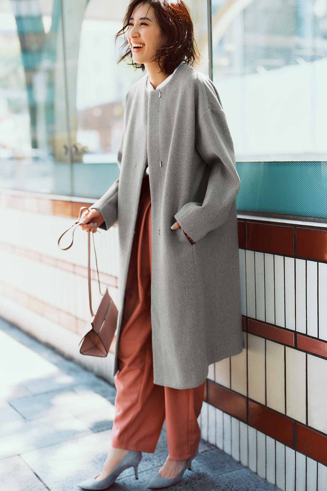 IEDIT［イディット］|IEDIT[イディット]　着心地軽やかなキレイ見え メルトンライクカットソーのノーカラーコート〈グレー〉