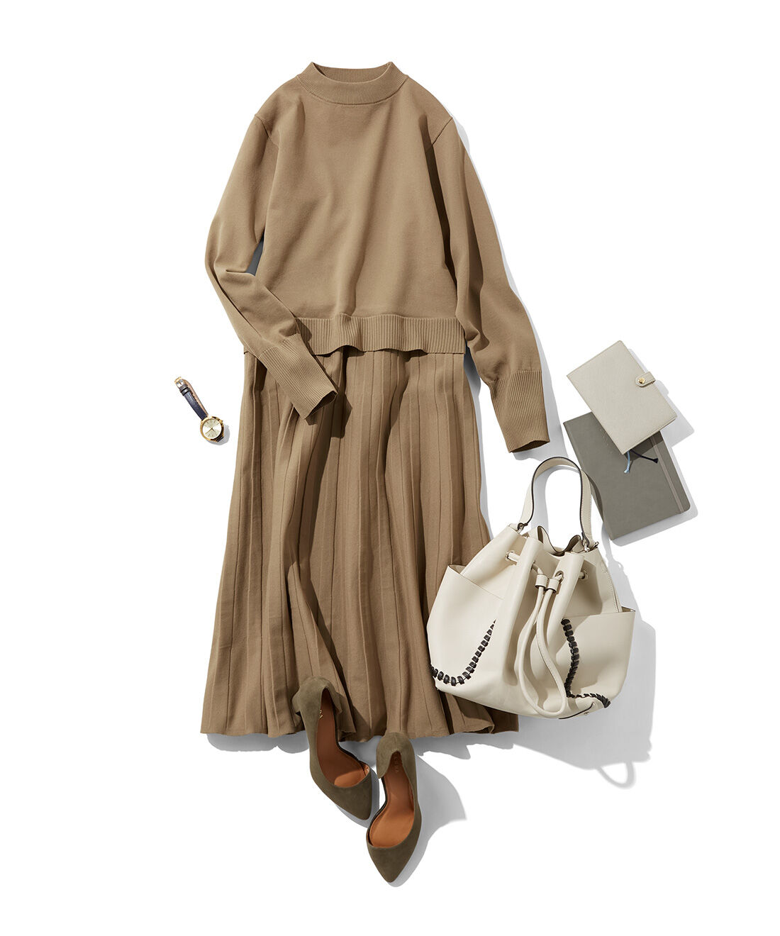 IEDIT|IEDIT[イディット]　きちんと見え 華シックな大人ワンピースの会|コーディネートイメージ ニットワンピも切り替えデザインで上品に