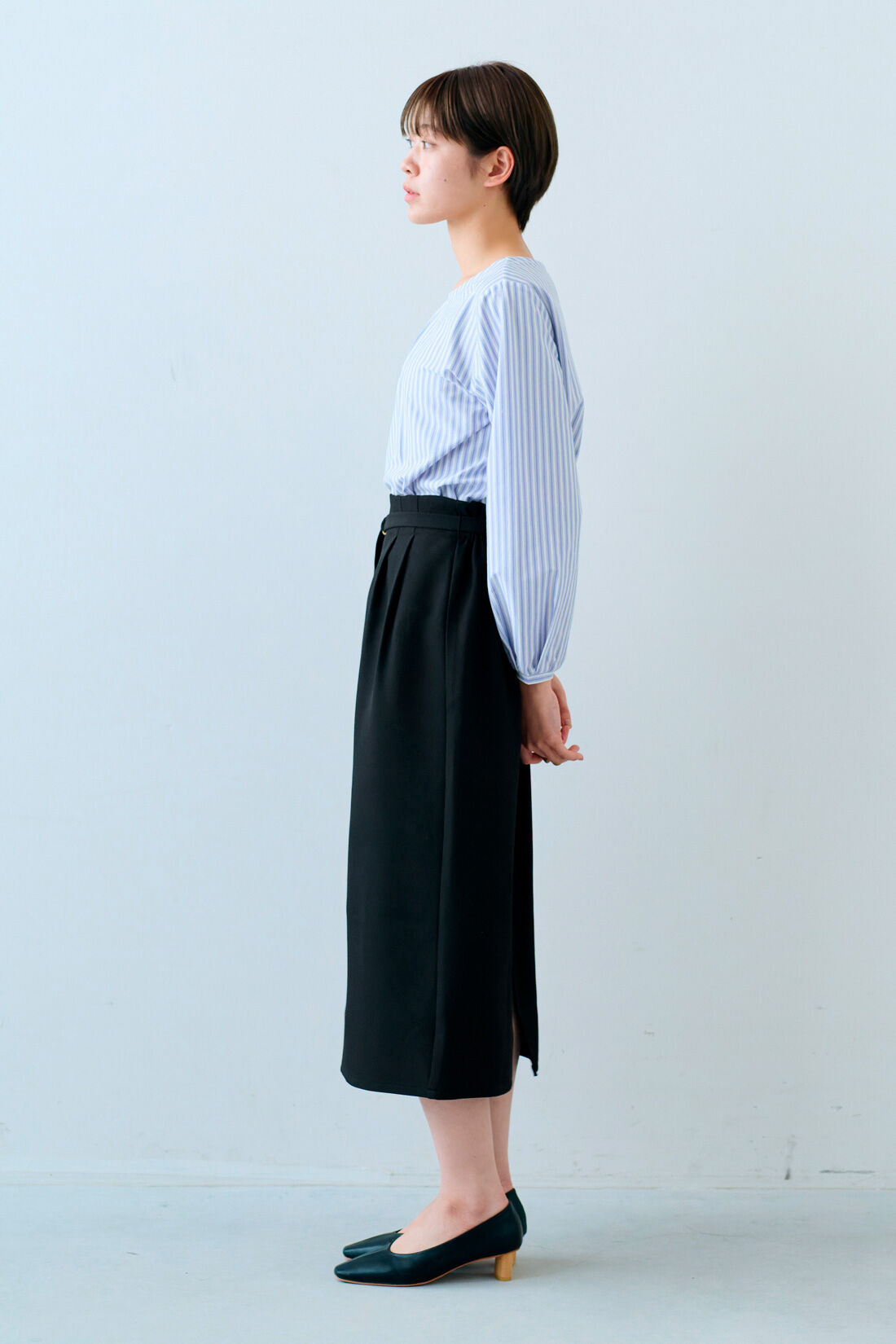 IEDIT|IEDIT[イディット]　Tシャツ感覚で着られるカットソーストライプブラウス|モデル身長：163cm　着用サイズ：M