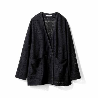 ノーカラー レース ジャケット 〈ブラック〉