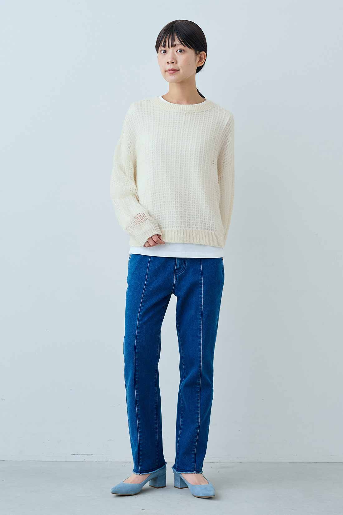 IEDIT|IEDIT[イディット]　やさしく透ける ふわほわシアーニットトップス|モデル身長：163cm　着用サイズ：M