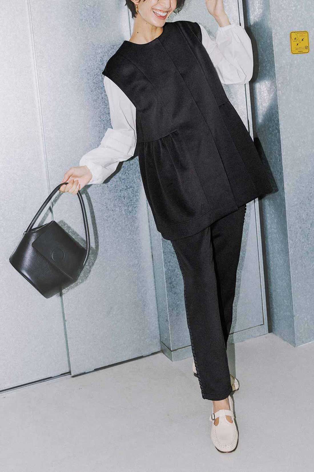 IEDIT|IEDIT[イディット]　袖はブラウス身ごろはカットソー ボリュームスリーブホワイトトップス〈ダブルタックスリーブ〉