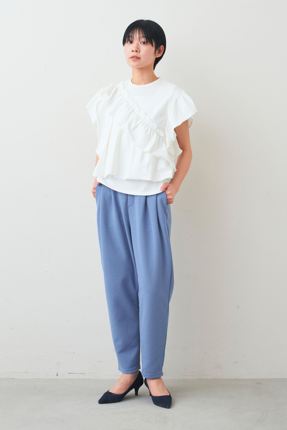 IEDIT|IEDIT[イディット]　接触冷感 たっぷりフリルにきゅん フリルTブラウス|モデル身長：163cm　着用サイズ：M