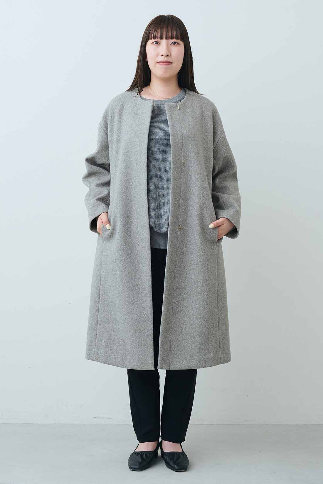 IEDIT［イディット］|IEDIT[イディット]　着心地軽やかなキレイ見え メルトンライクカットソーのノーカラーコート〈グレー〉|モデル身長：159cm　着用サイズ：M