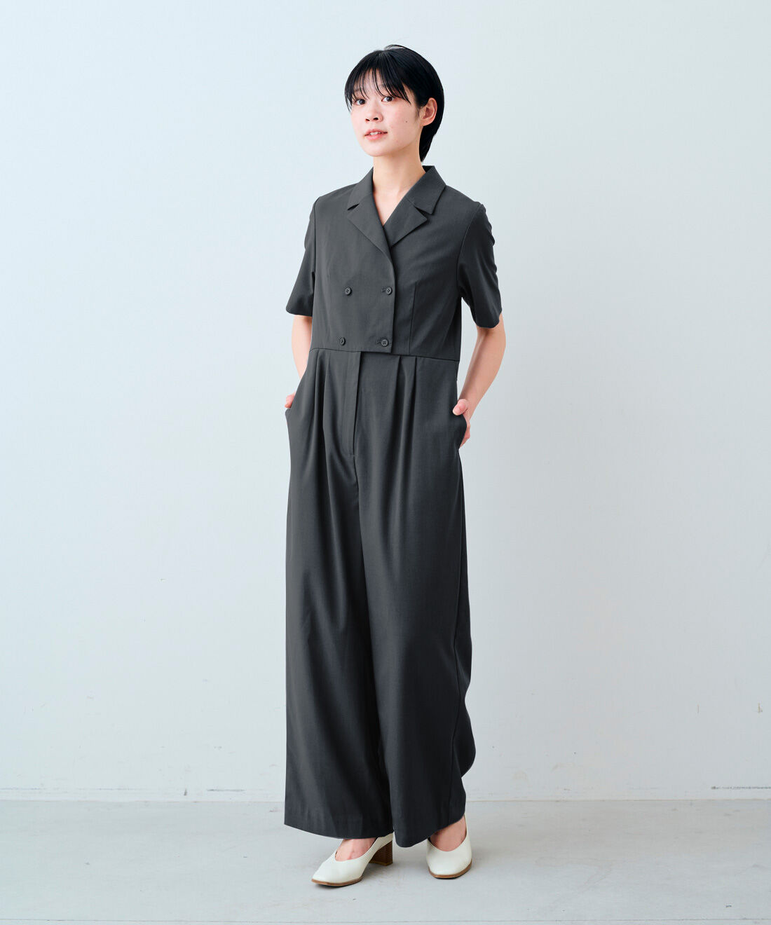 IEDIT|IEDIT[イディット]　シルエット自慢のきれいめマニッシュオールインワン〈グレー〉|モデル身長：163cm　着用サイズ：M
