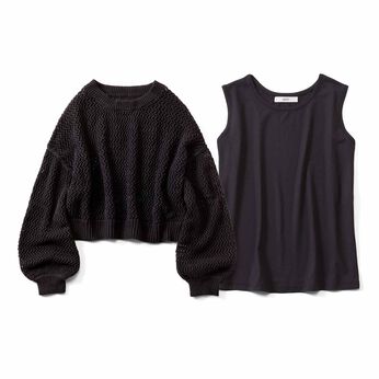 IEDIT | 大人 コットン メッシュニット タンクトップセット 〈ブラック×ブラック〉