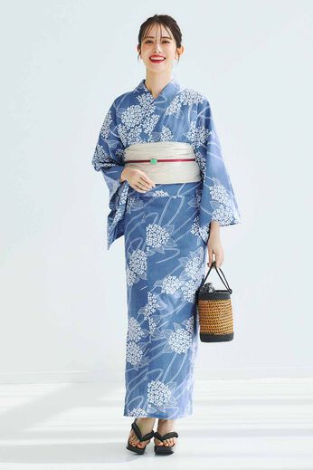 IEDIT | 大人 二部式 浴衣 へこ帯セット 〈紫陽花青×胡粉色〉