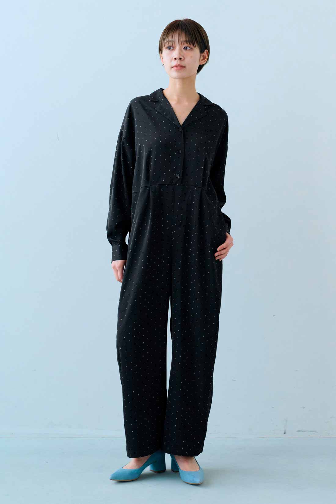 IEDIT|IEDIT[イディット]　福田麻琴さんコラボ ドットオールインワン〈ブラック〉|モデル身長：163cm　着用サイズ：M