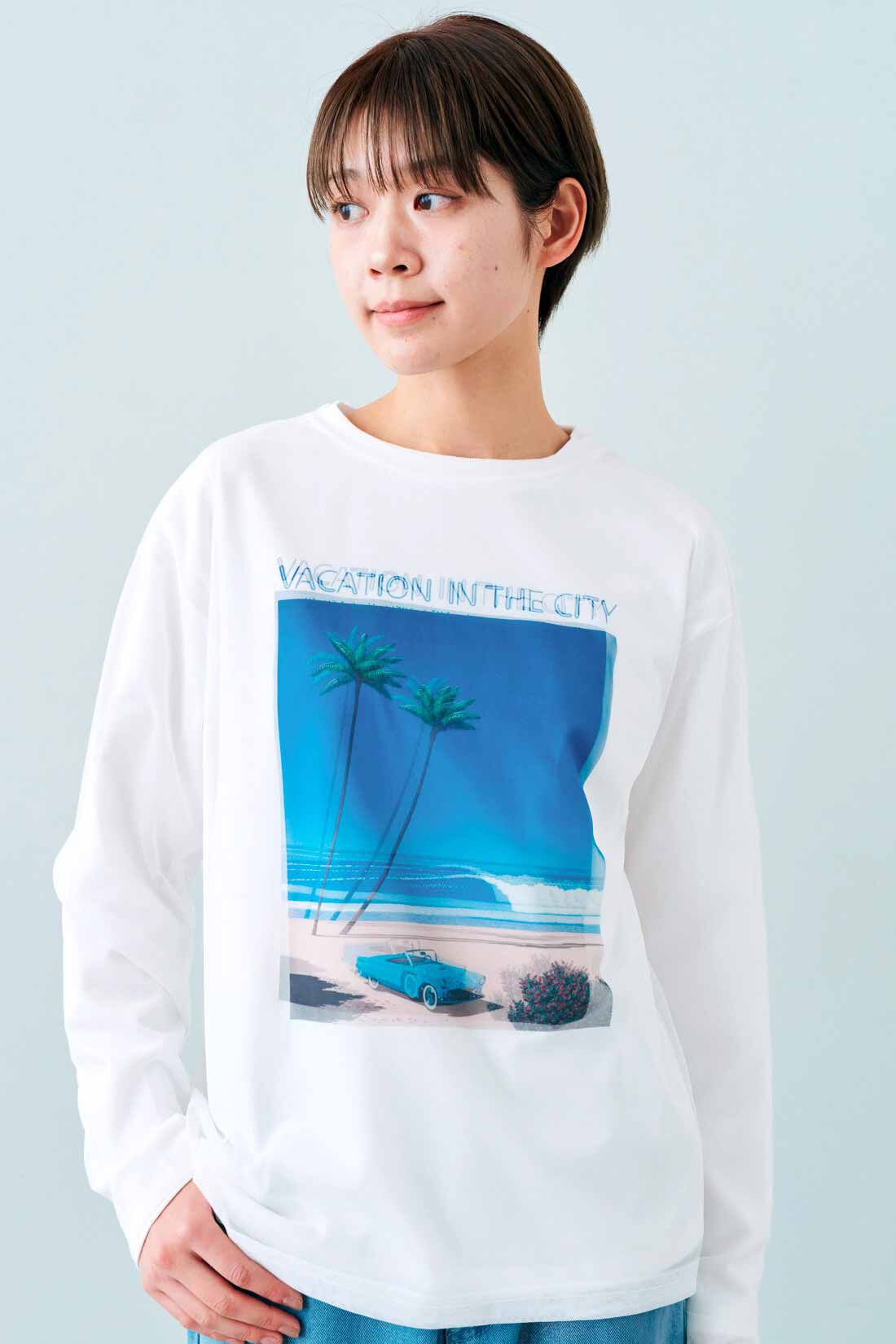 IEDIT|IEDIT[イディット]　永井博さんコラボ VACATION IN THE CITY チュールトップス〈ホワイト〉【コーデ買いキャンペーン】