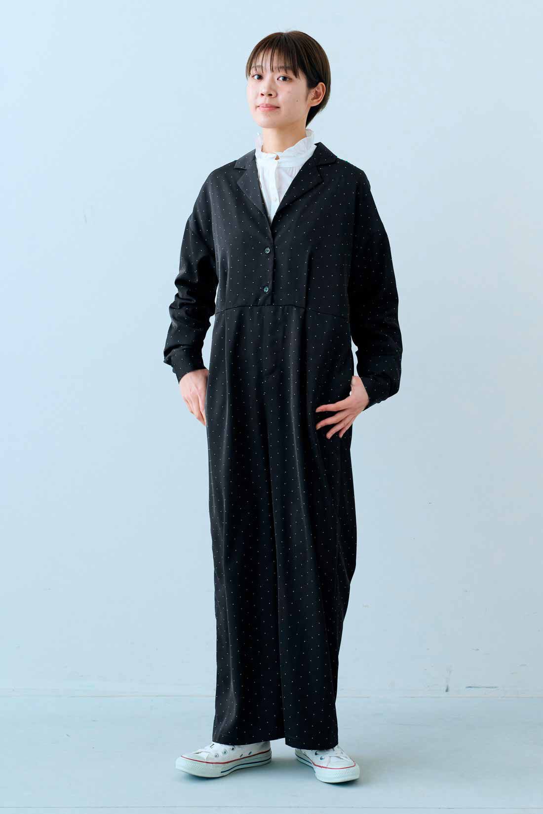IEDIT|IEDIT[イディット]　福田麻琴さんコラボ ドットオールインワン〈ブラック〉|モデル身長：163cm　着用サイズ：M