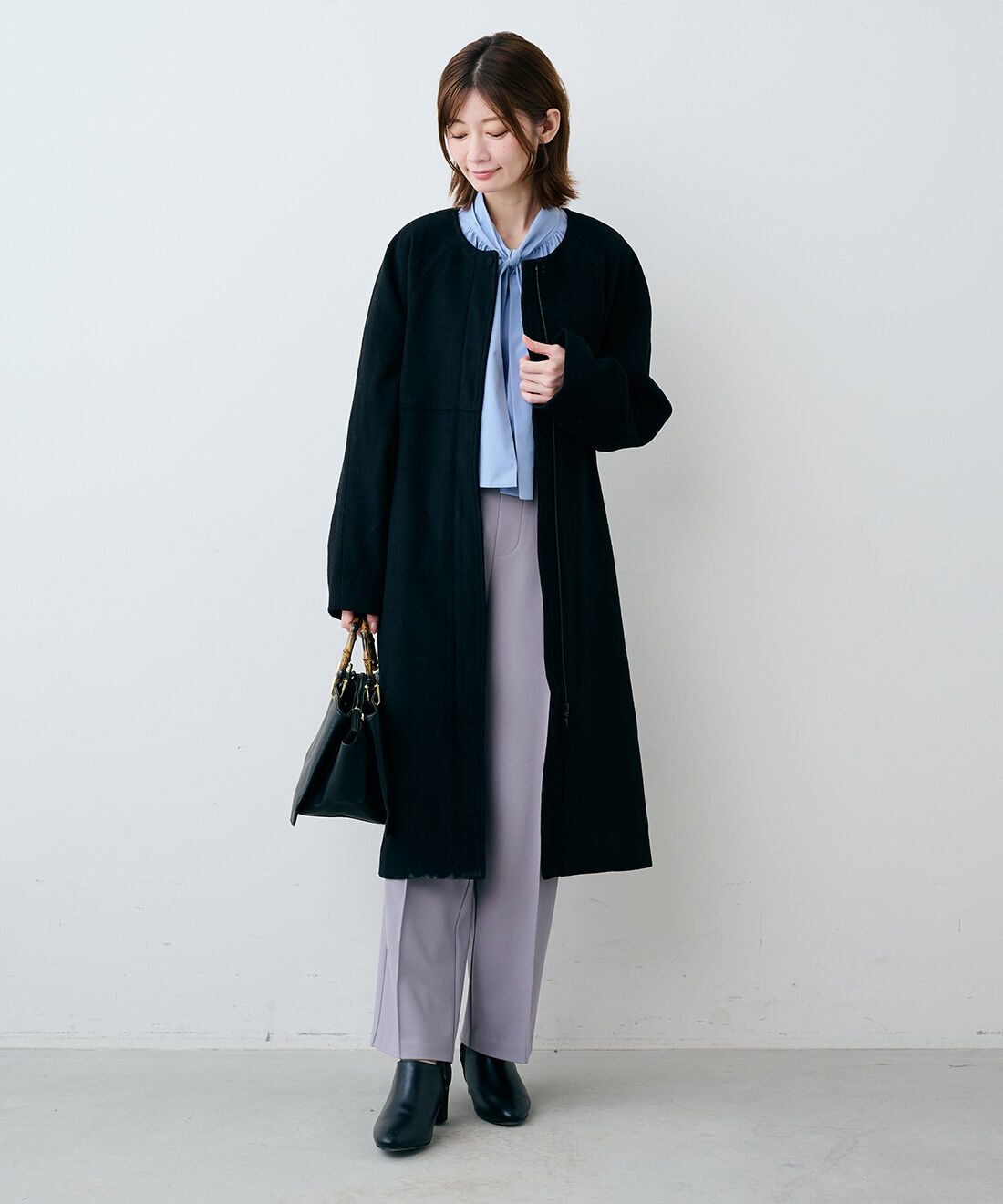 IEDIT|IEDIT[イディット]　冠婚葬祭まで使える 万能ノーカラーデザインのウール混メルトンコート〈ブラック〉【コーデ買いキャンペーン】