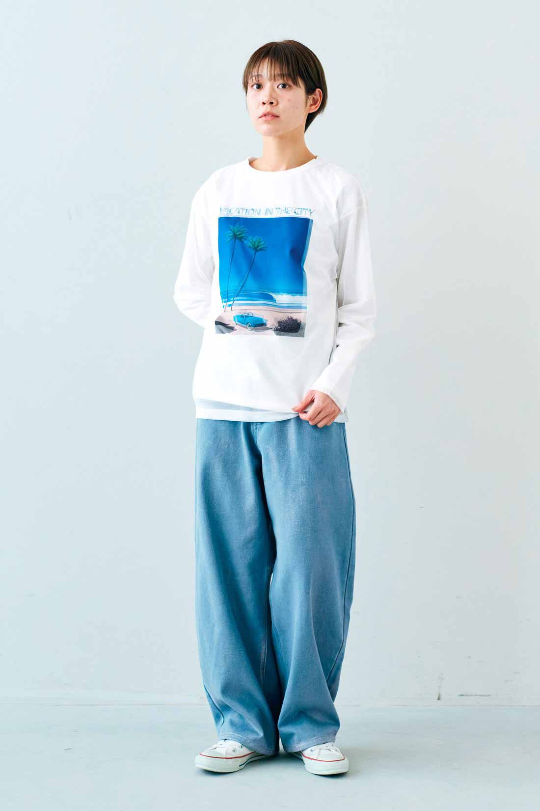 IEDIT|IEDIT[イディット]　永井博さんコラボ VACATION IN THE CITY チュールトップス〈ホワイト〉【コーデ買いキャンペーン】|モデル身長：163cm　着用サイズ：M