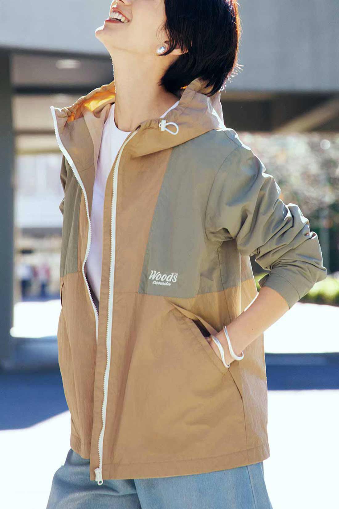 IEDIT|IEDIT[イディット]　WOODSコラボ 微起毛裏地付きのバイカラーアノラック風ジャケット〈ライトカーキ×ベージュ〉