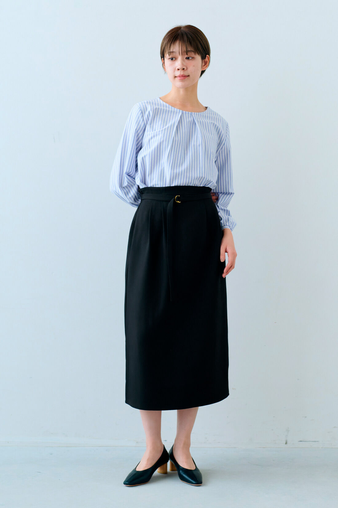 IEDIT|IEDIT[イディット]　Tシャツ感覚で着られるカットソーストライプブラウス|モデル身長：163cm　着用サイズ：M