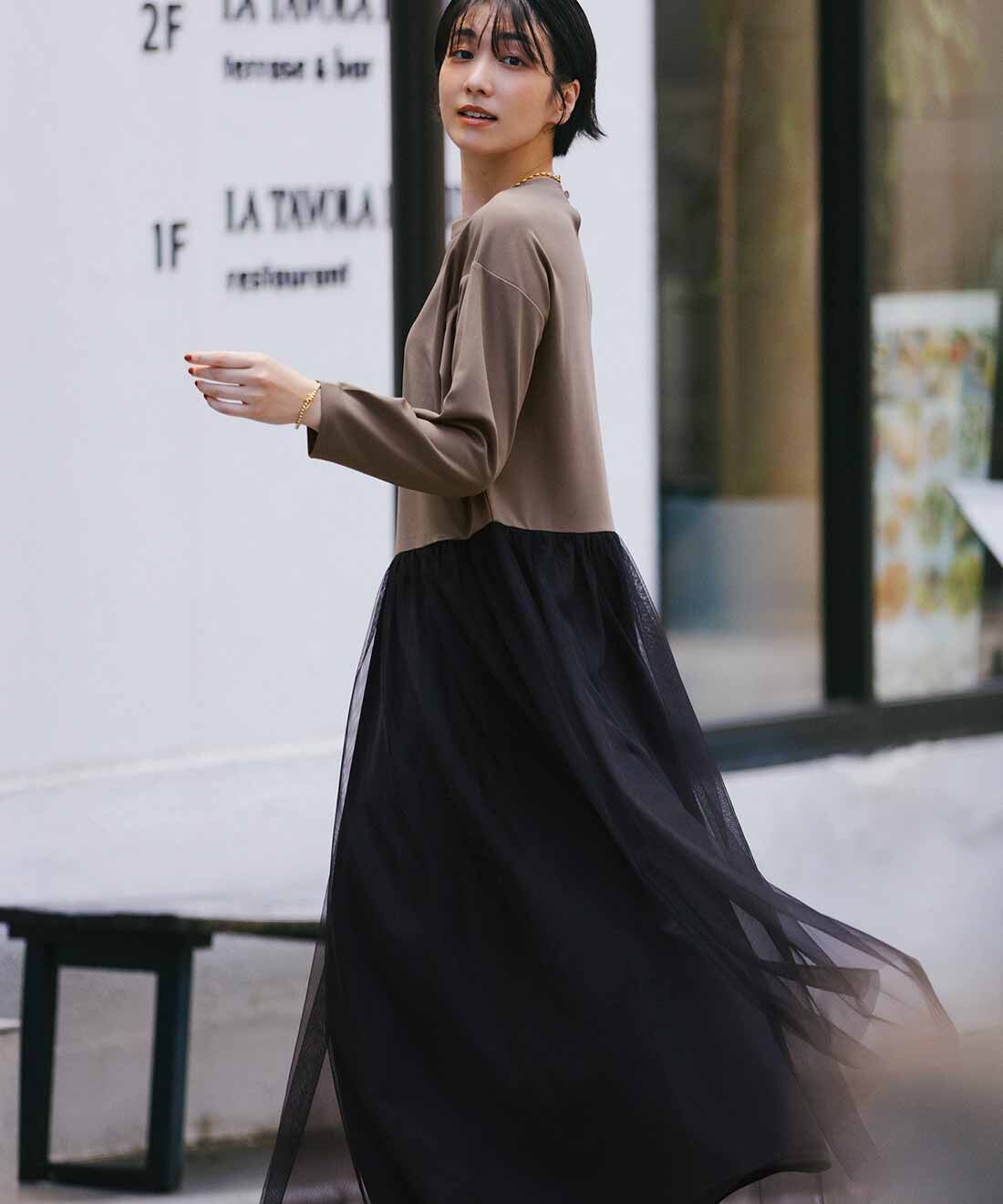 IEDIT|IEDIT[イディット]　カットソージョーゼットとチュールスカートドッキングワンピース