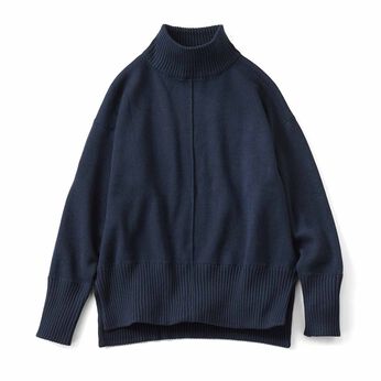 内側コットン表ウール混素材 ダブルフェイス ハイネック ニット〈紺〉