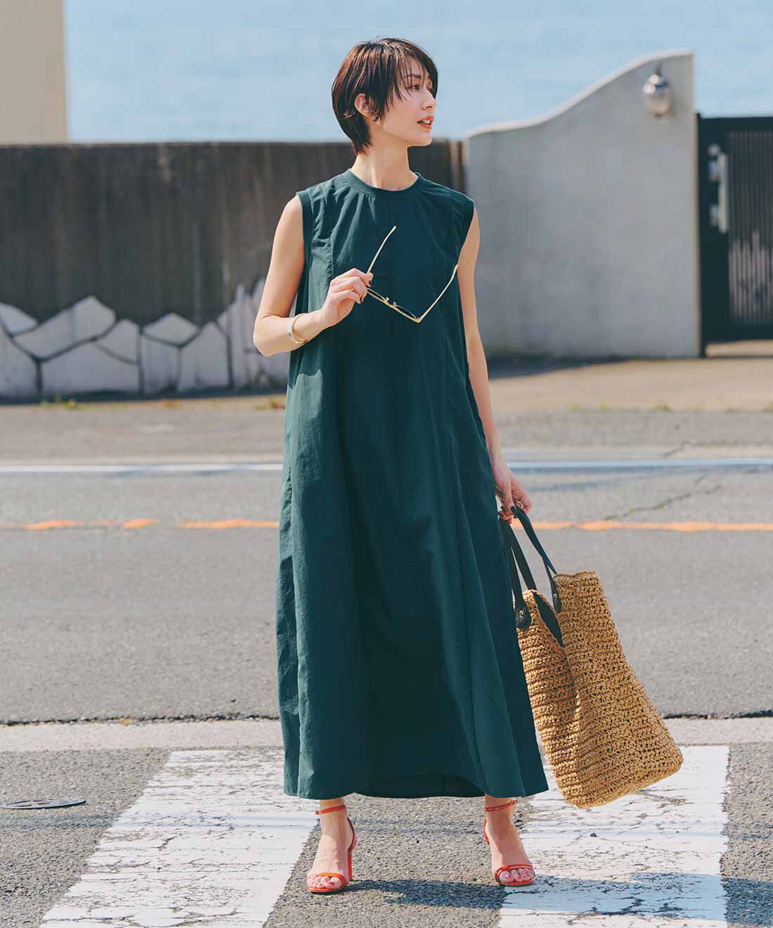IEDIT|IEDIT[イディット]　UVカット＆撥水（はっすい）＆虫を寄せ付けにくい ネックと袖にリブ遣いのAラインロングワンピース