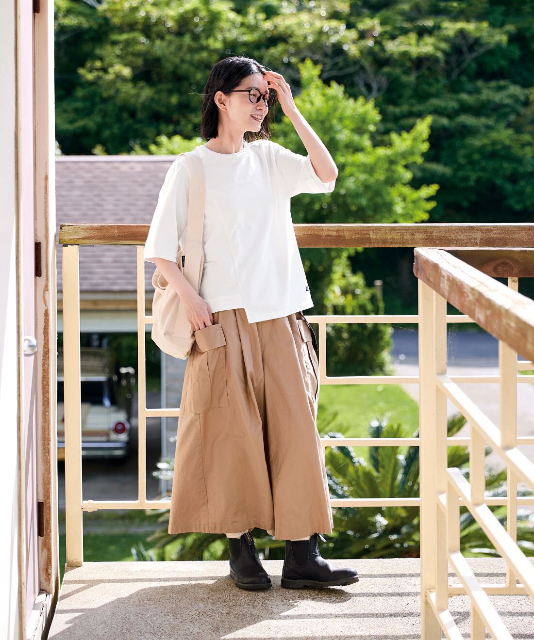 Sunny clouds|サニークラウズアウトドアキュロ〈レディース〉ベーとサニークラウズお弁当箱みたいなトートバッグのコーディネート