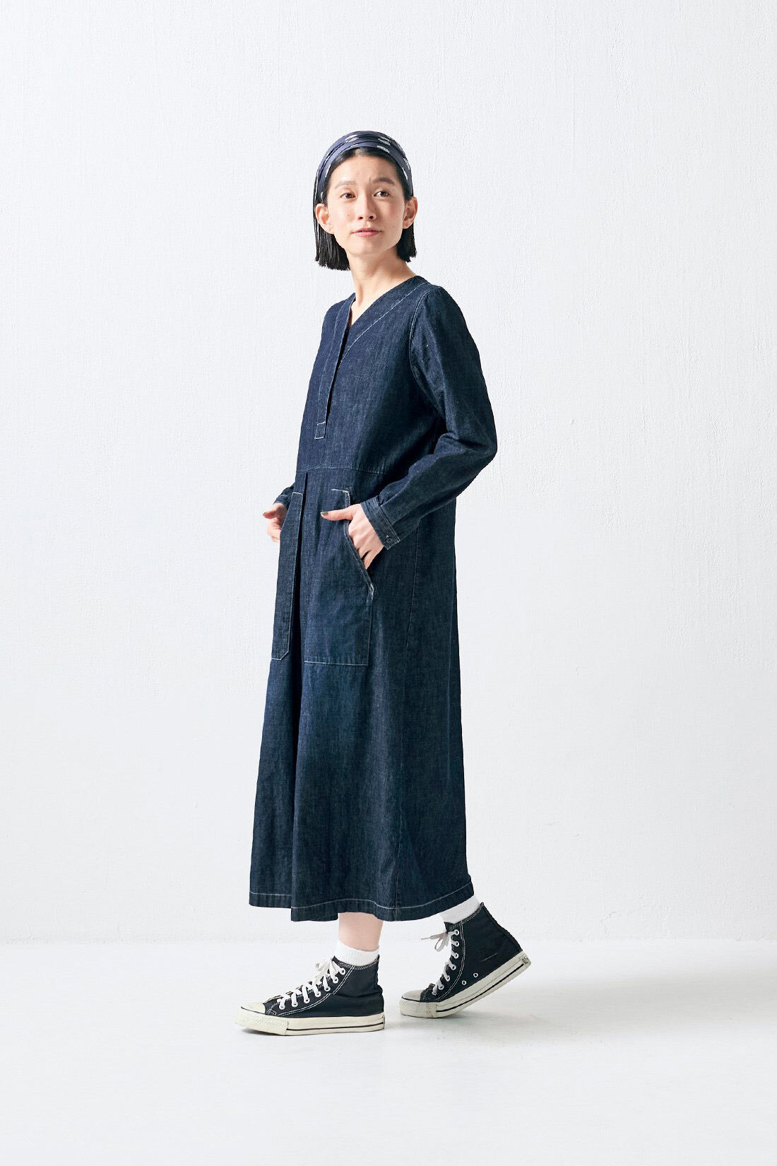 Sunny clouds|サニークラウズ Vネックデニムワンピース〈レディース〉|身長162cm/ワンピースMサイズ