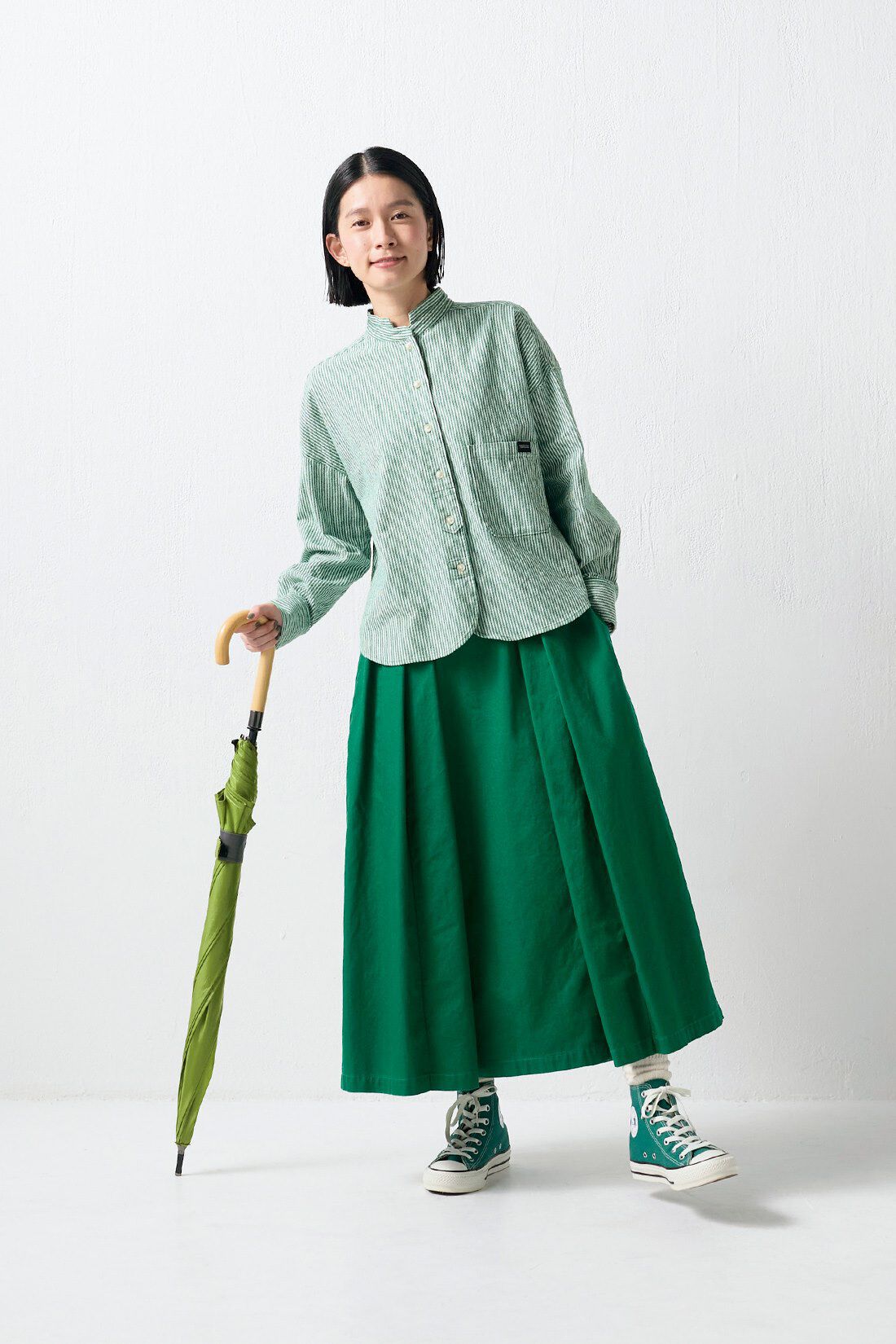 Sunny clouds|サニークラウズ グリーンヒッコリーシャツ〈レディース〉|身長162cm/トップスMサイズ/ボトムスMサイズ