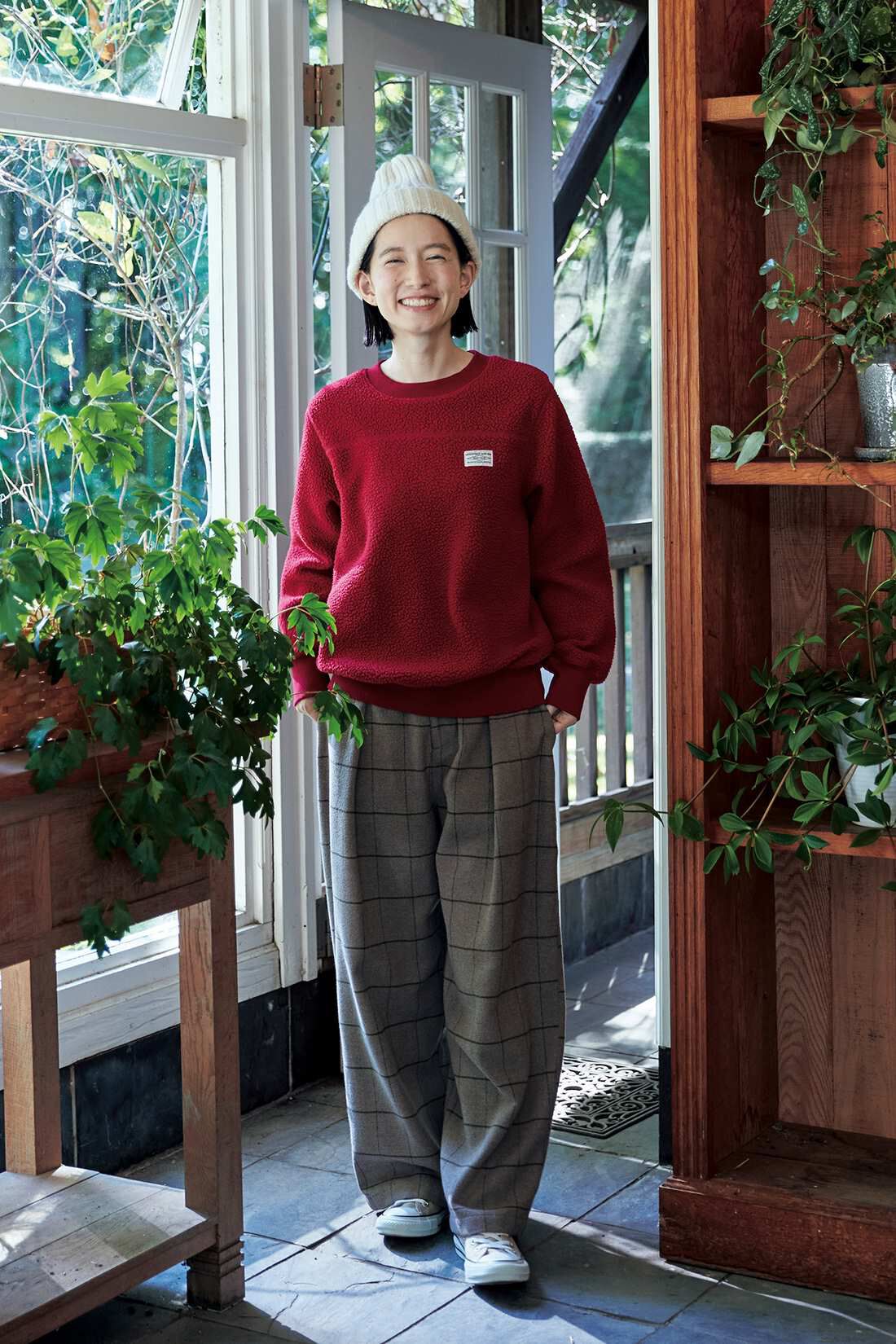 Sunny clouds|サニークラウズ ブランケットで作ったチェックパンツ〈レディース〉|モデル身長162cm/着用サイズM