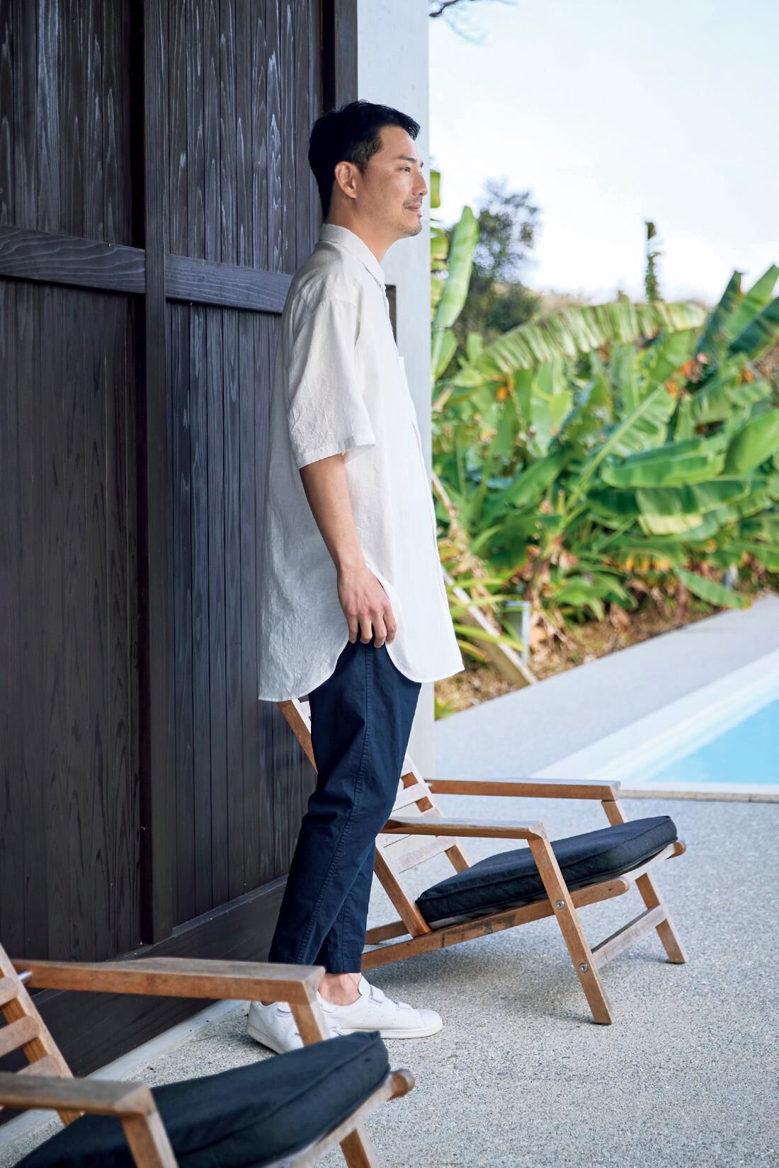 Sunny clouds|サニークラウズ　シワっとロングシャツ〈メンズ〉|身長184cm/トップスLサイズ/ボトムスLサイズ