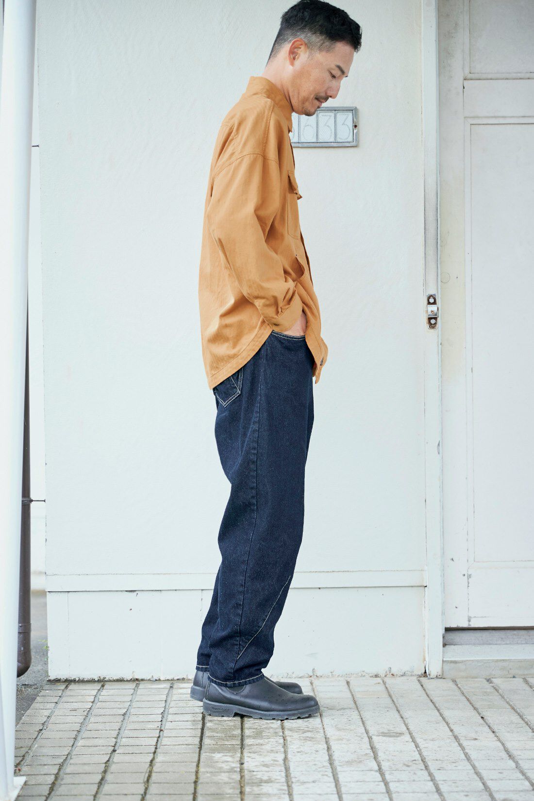 Sunny clouds|サニークラウズ キャンピングシャツ〈メンズ〉キャメル|身長184cm/トップスLサイズ/ボトムスLサイズ