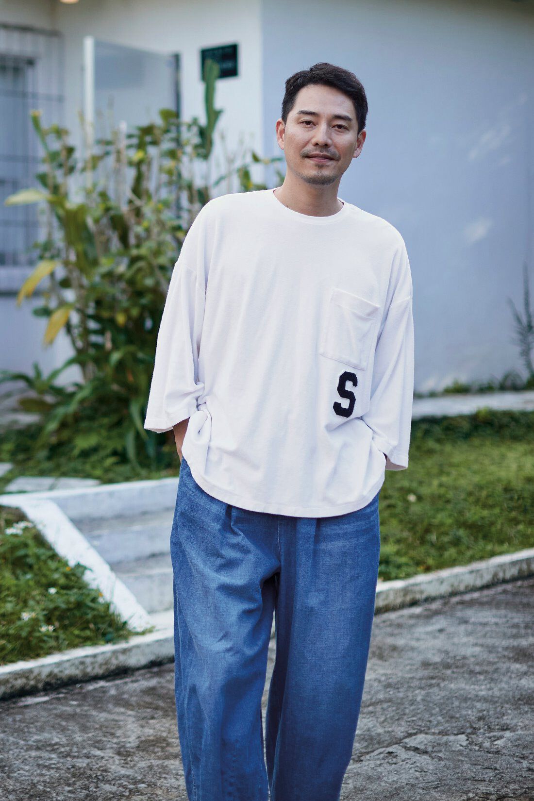 Sunny clouds|サニークラウズ パイルのワッペンＴシャツ〈メンズ〉白