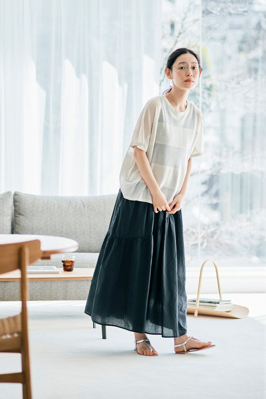 and myera［アンドマイラ］|and myera 透けボーダーサマーニットトップス〈アイボリー〉