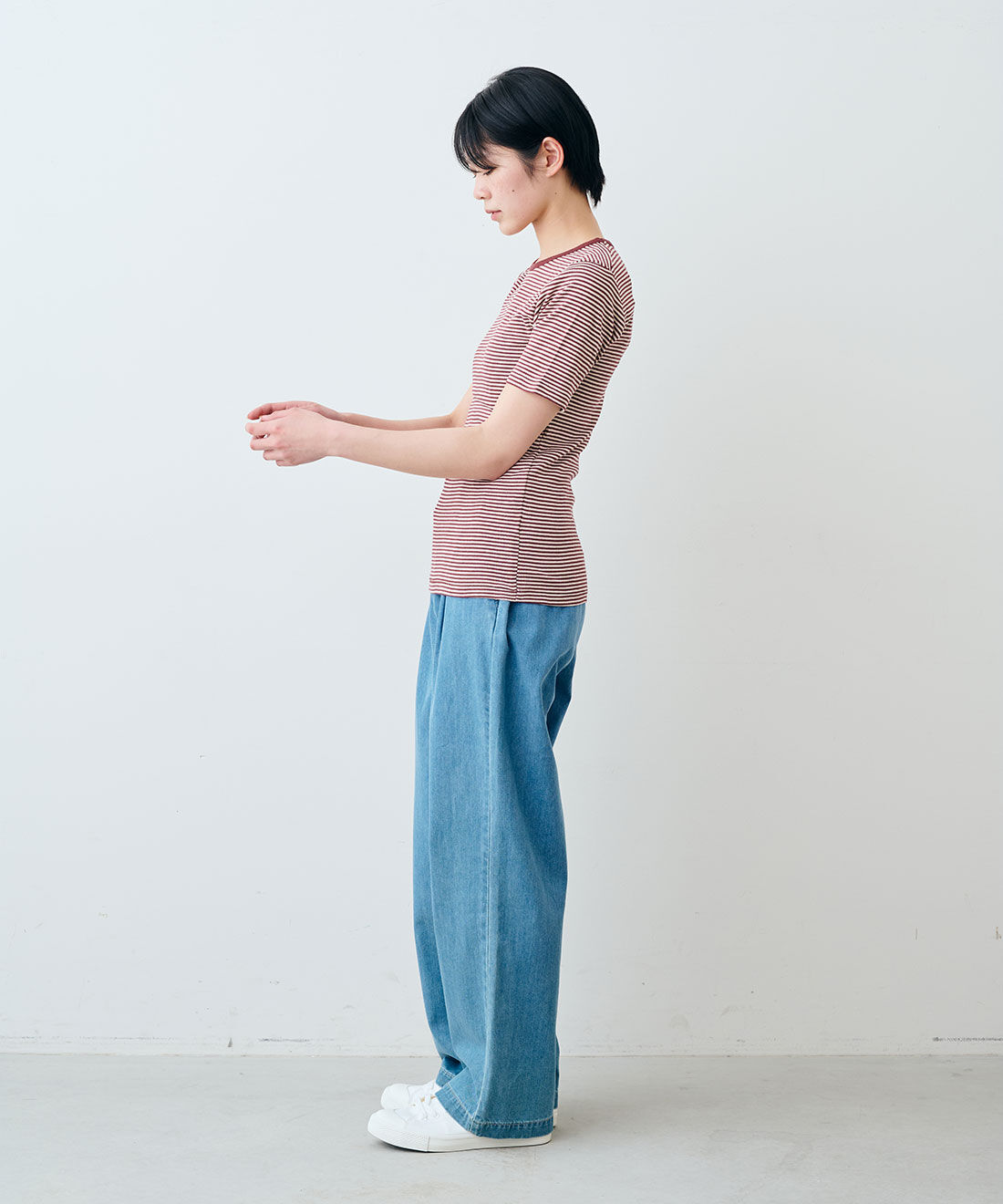 SYRUP. [シロップ．]|【WEB限定】miller リブボーダーＴシャツ〈レッド×ベージュ〉【シロップ．バスケット】|モデル身長:163cm