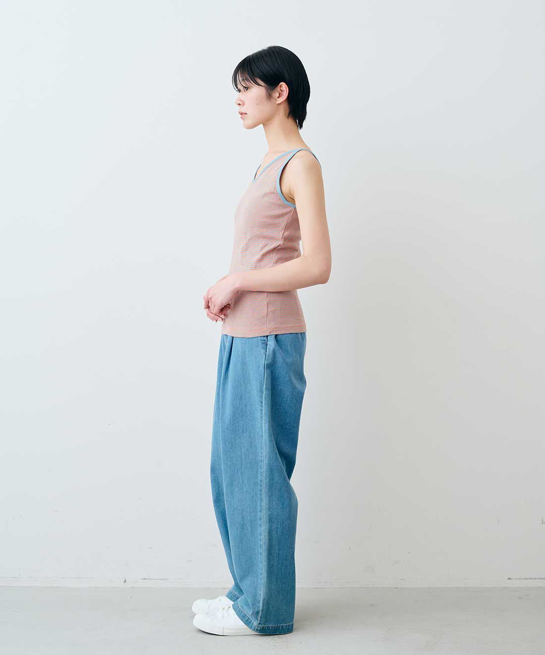SYRUP. [シロップ．]|【WEB限定】miller リブボーダーカップ付きキャミタンク〈レッド×ベージュ〉【シロップ．バスケット】|モデル身長:163cm ※お届けのカラーとは異なります。