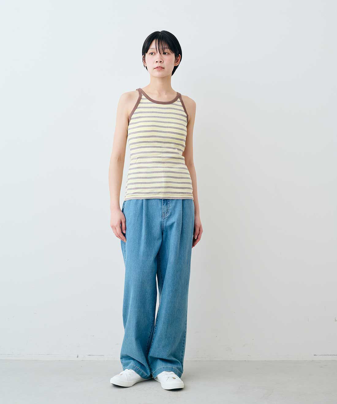 SYRUP. [シロップ．]|【WEB限定】miller リブボーダーカップ付きタンクトップ〈ブルー×グレー〉【シロップ．バスケット】|モデル身長:163cm ※お届けのカラーとは異なります。