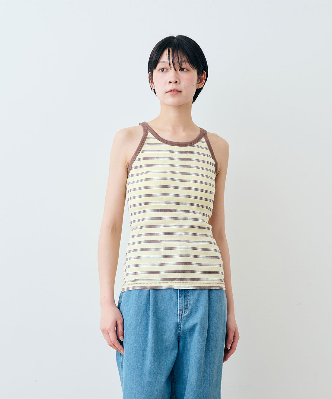 SYRUP. [シロップ．]|【WEB限定】miller リブボーダーカップ付き タンクトップ　〈イエロー×ブラウン〉【シロップ．バスケット】