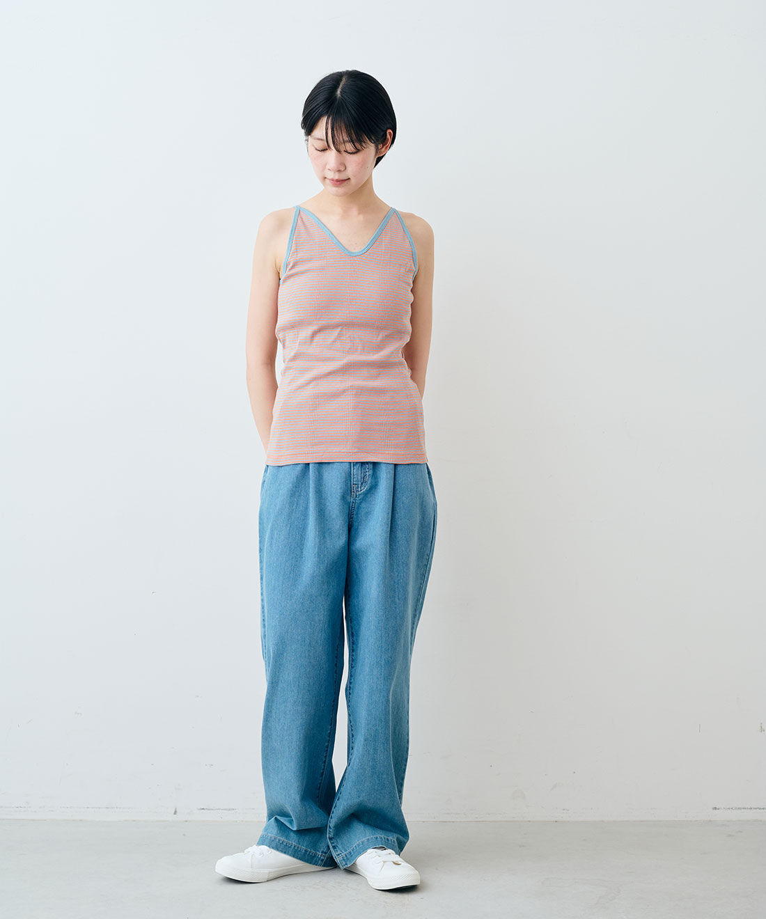 SYRUP. [シロップ．]|【WEB限定】miller リブボーダーカップ付きキャミタンク〈サーモンピンク×サックス〉【シロップ．バスケット】|モデル身長:163cm