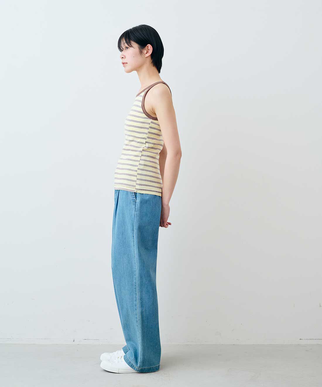 SYRUP. [シロップ．]|【WEB限定】miller リブボーダーカップ付きタンクトップ〈ブルー×グレー〉【シロップ．バスケット】|モデル身長:163cm ※お届けのカラーとは異なります。