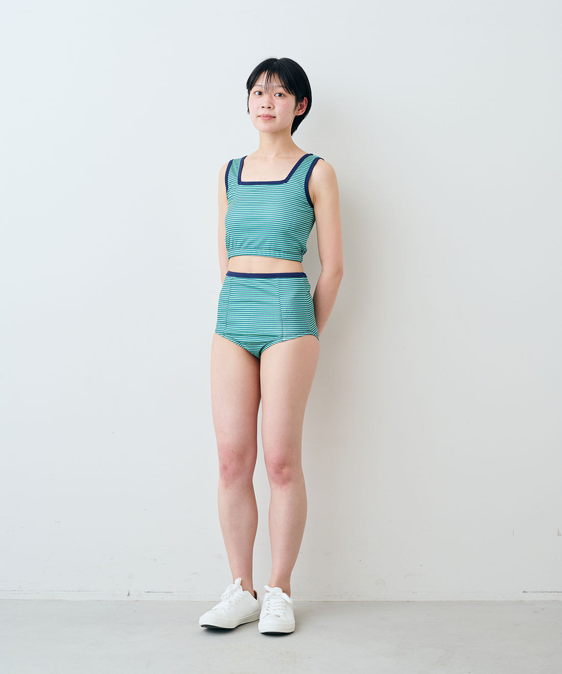 SYRUP. [シロップ．]|【WEB限定】miller ボーダータンクトップ＆パンツ スイムウェア2点セット〈グリーン〉【シロップ．バスケット】|モデル身長:163cm 