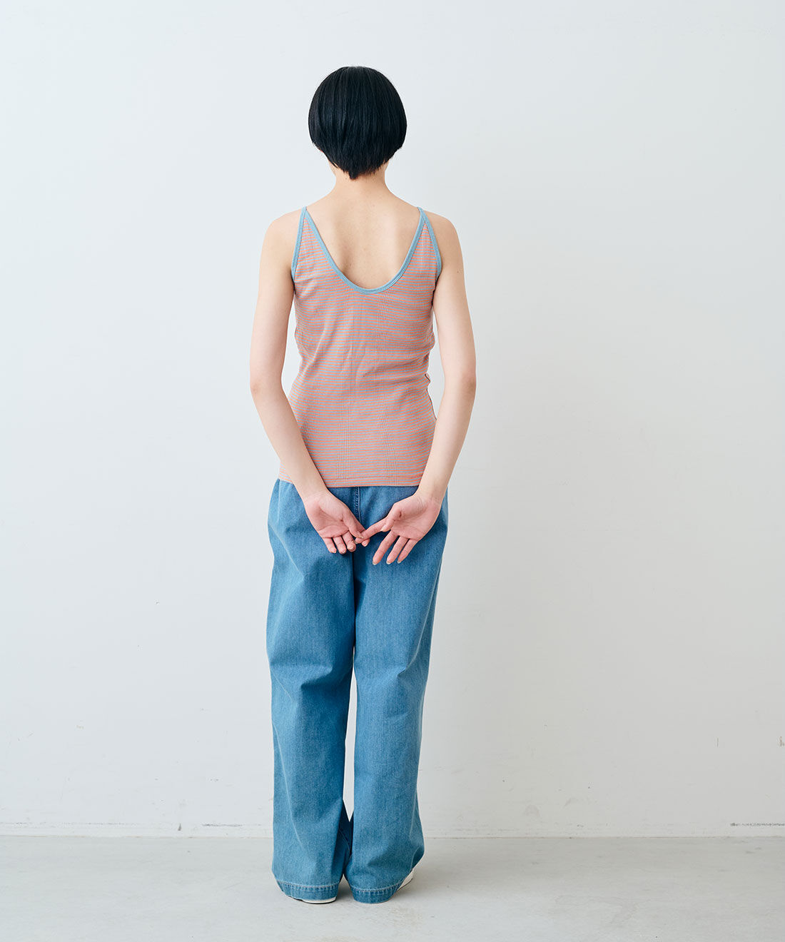 SYRUP. [シロップ．]|【WEB限定】miller リブボーダーカップ付きキャミタンク〈サーモンピンク×サックス〉【シロップ．バスケット】|モデル身長:163cm