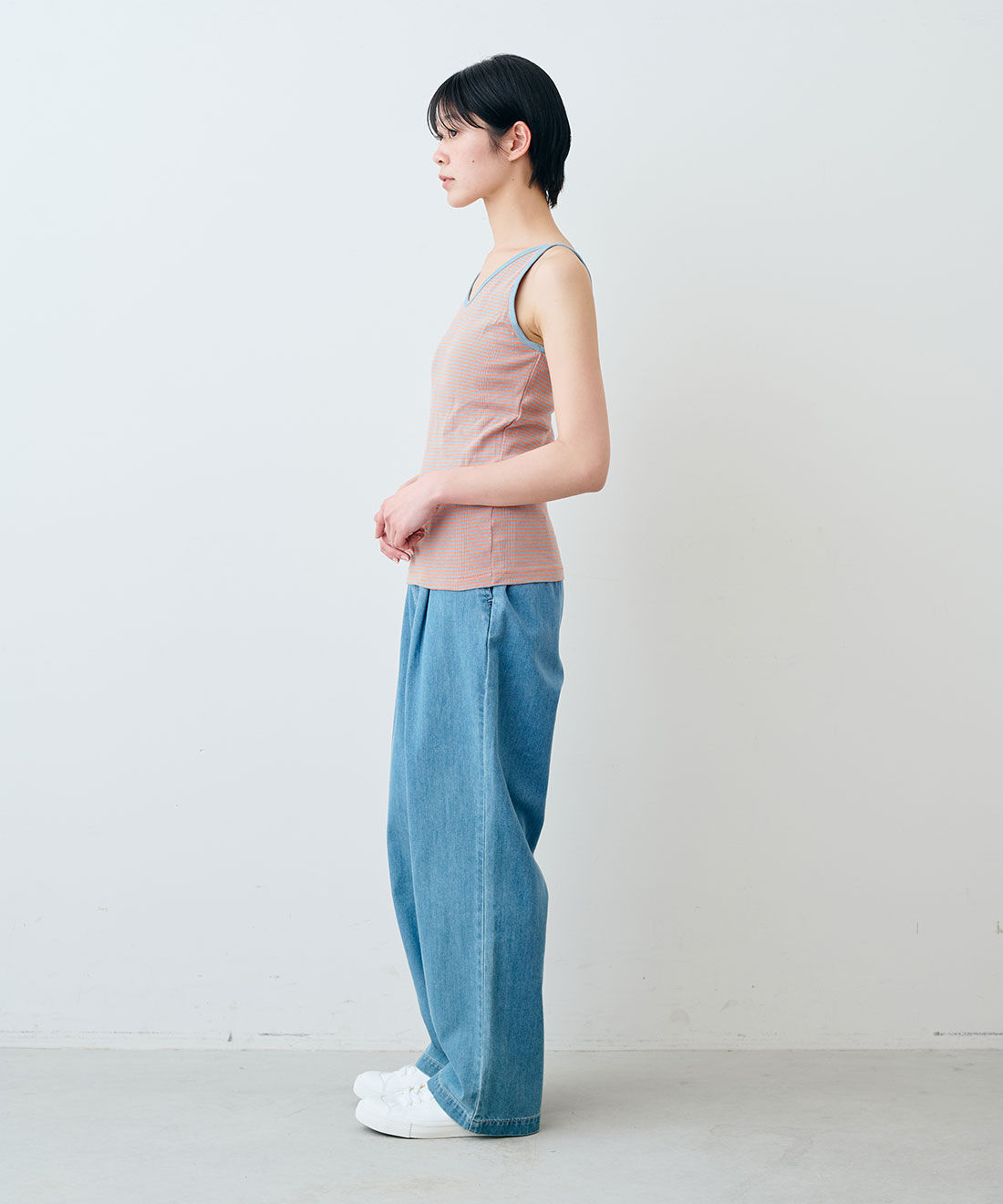 SYRUP. [シロップ．]|【WEB限定】miller リブボーダーカップ付きキャミタンク〈サーモンピンク×サックス〉【シロップ．バスケット】|モデル身長:163cm