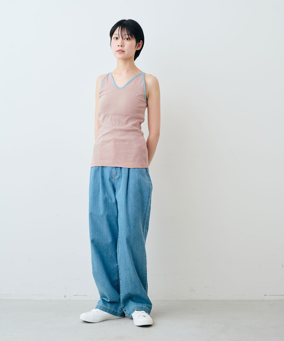 SYRUP. [シロップ．]|【WEB限定】miller リブボーダーカップ付きキャミタンク〈サーモンピンク×サックス〉【シロップ．バスケット】