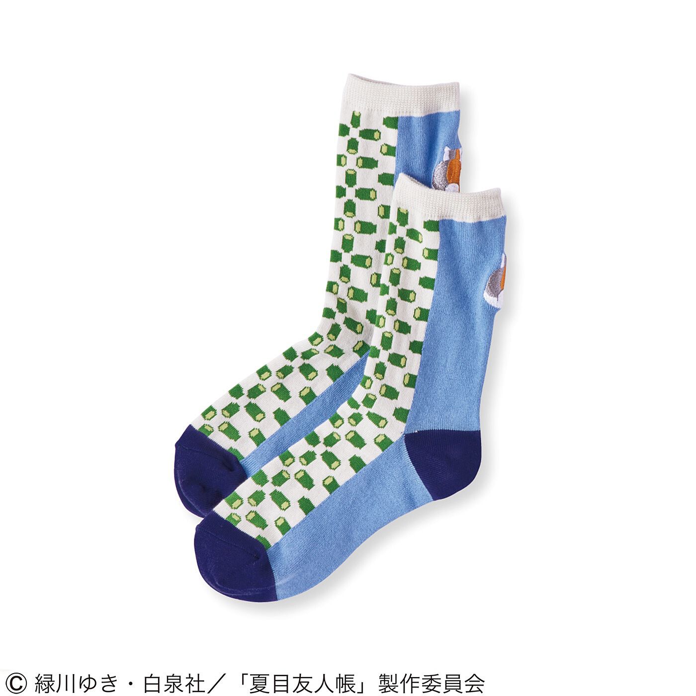 猫部|【6月分以降お届け】夏目友人帳×猫部　ニャンコ先生の好物文様　ワンポイント刺しゅう靴下の会|〈お茶〉