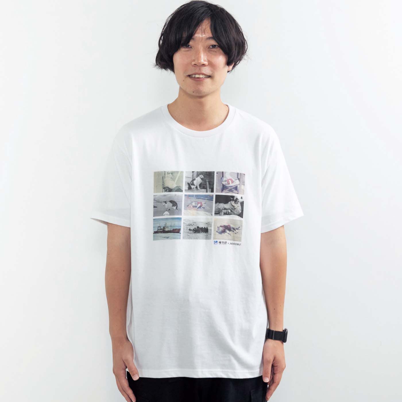 猫部|国立極地研究所×猫部　南極へ行った猫たけしの思い出Tシャツ|モデル身長175cm　サイズ4着用