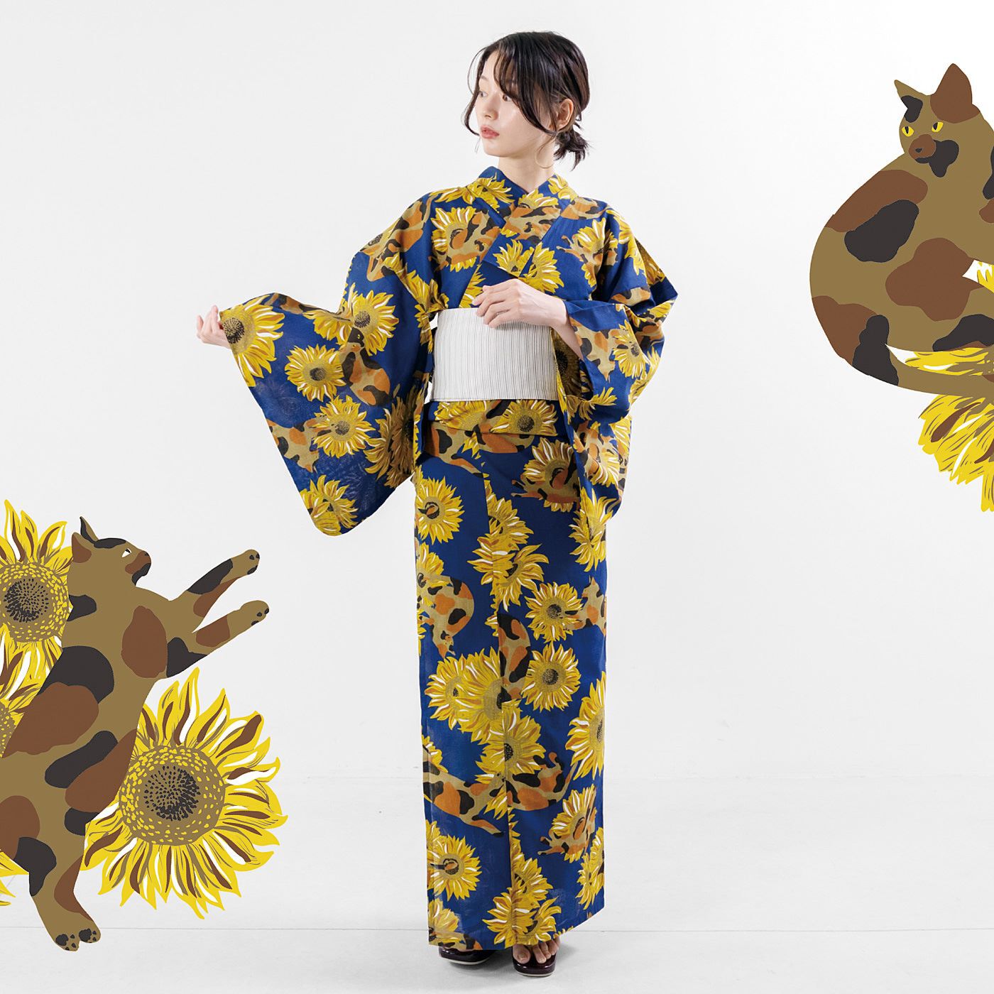 猫部|サビ猫とひまわりのモダン浴衣|モデル身長 165cm