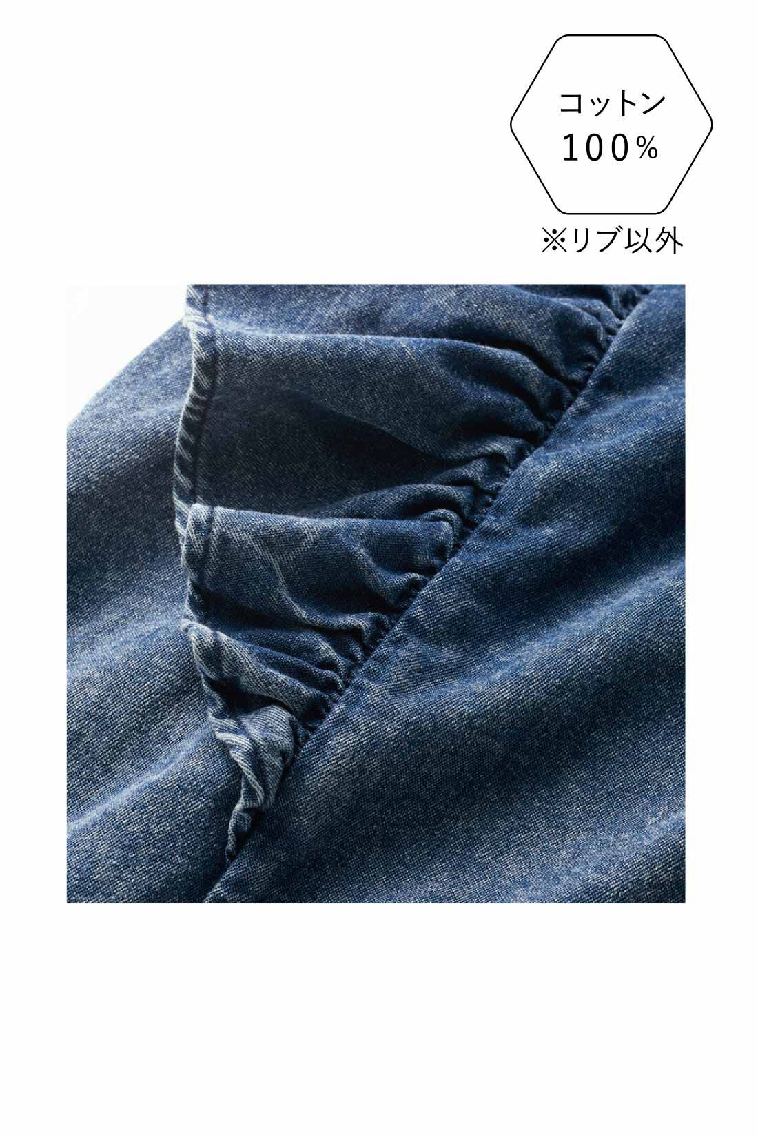 DRECO by IEDIT|【3～10日でお届け】IEDIT[イディット]　袖フリルのネックリブデニムプルオーバー〈ブルー〉|やわらかなデニム素材で着心地よく、フリルの愛らしさも表現。ベーシックなブルー。