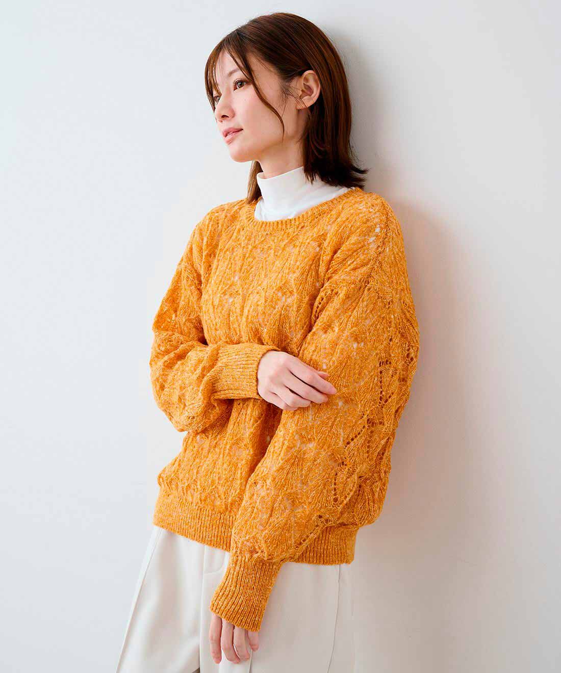 DRECO by IEDIT|【3～10日でお届け】IEDIT[イディット]　ハイネックカットソーとデザイン柄の透かし編みニットセット〈イエローオレンジ〉