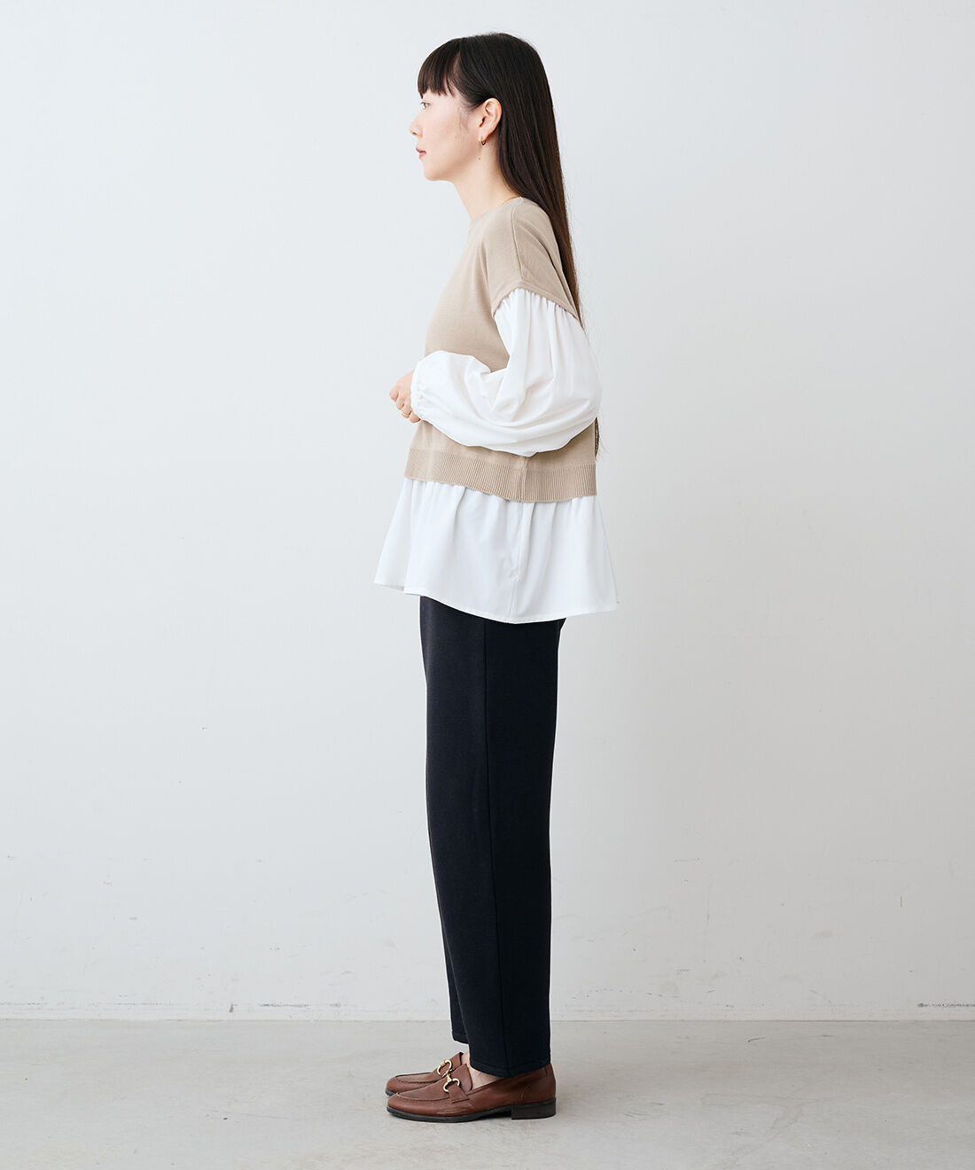 DRECO by IEDIT|【3～10日でお届け】IEDIT[イディット]　さらっと女性らしく決まる きれいめ異素材ドッキングニットトップス〈ベージュ〉