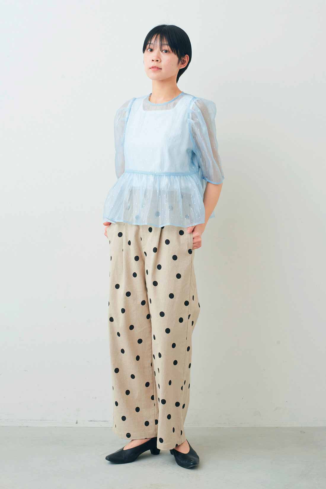 DRECO by IEDIT|【3～10日でお届け】IEDIT[イディット]　きくちあつこさんコラボ リネンコットン素材のドットパンツ〈エクリュベージュ〉|モデル身長：163cm　着用サイズ：M